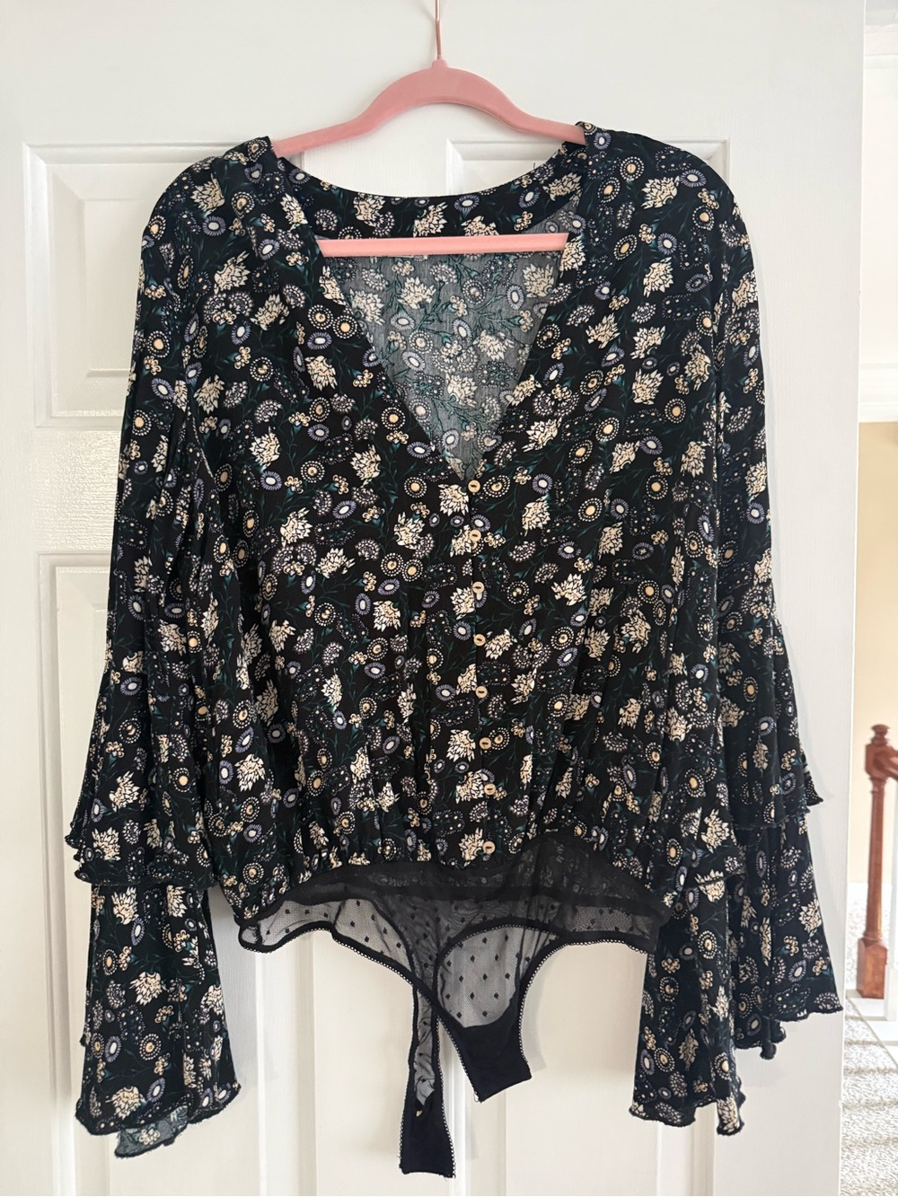 Free People Black Floral V-Neck Bell Sleeve Blouse
